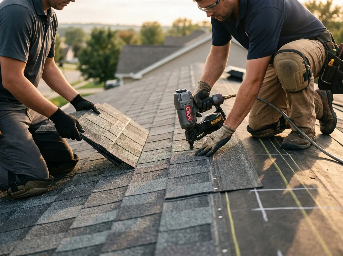 Professional roofer working on a residential roof in Weare